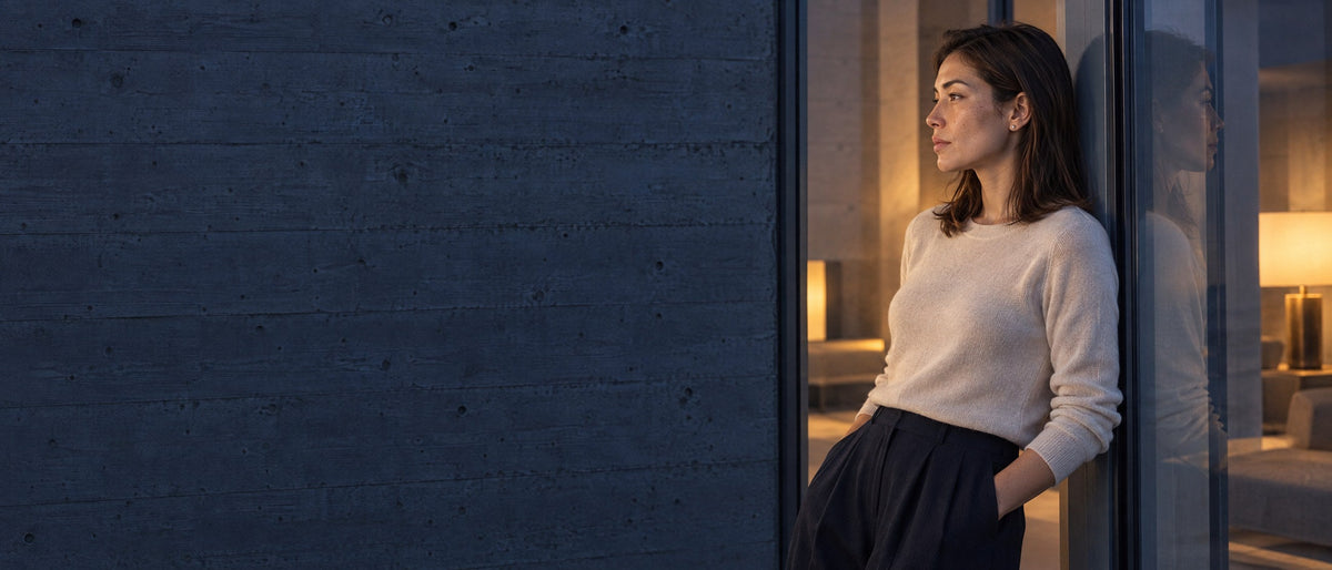 A woman in a fine ivory knit and wide midnight trousers leans against a glass window at blue hour