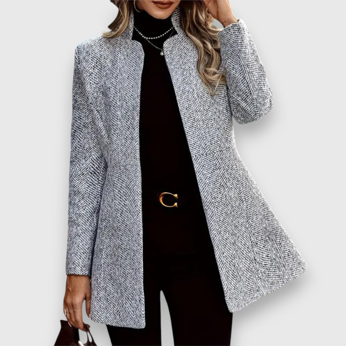 Women's longline open front blazer with stand collar