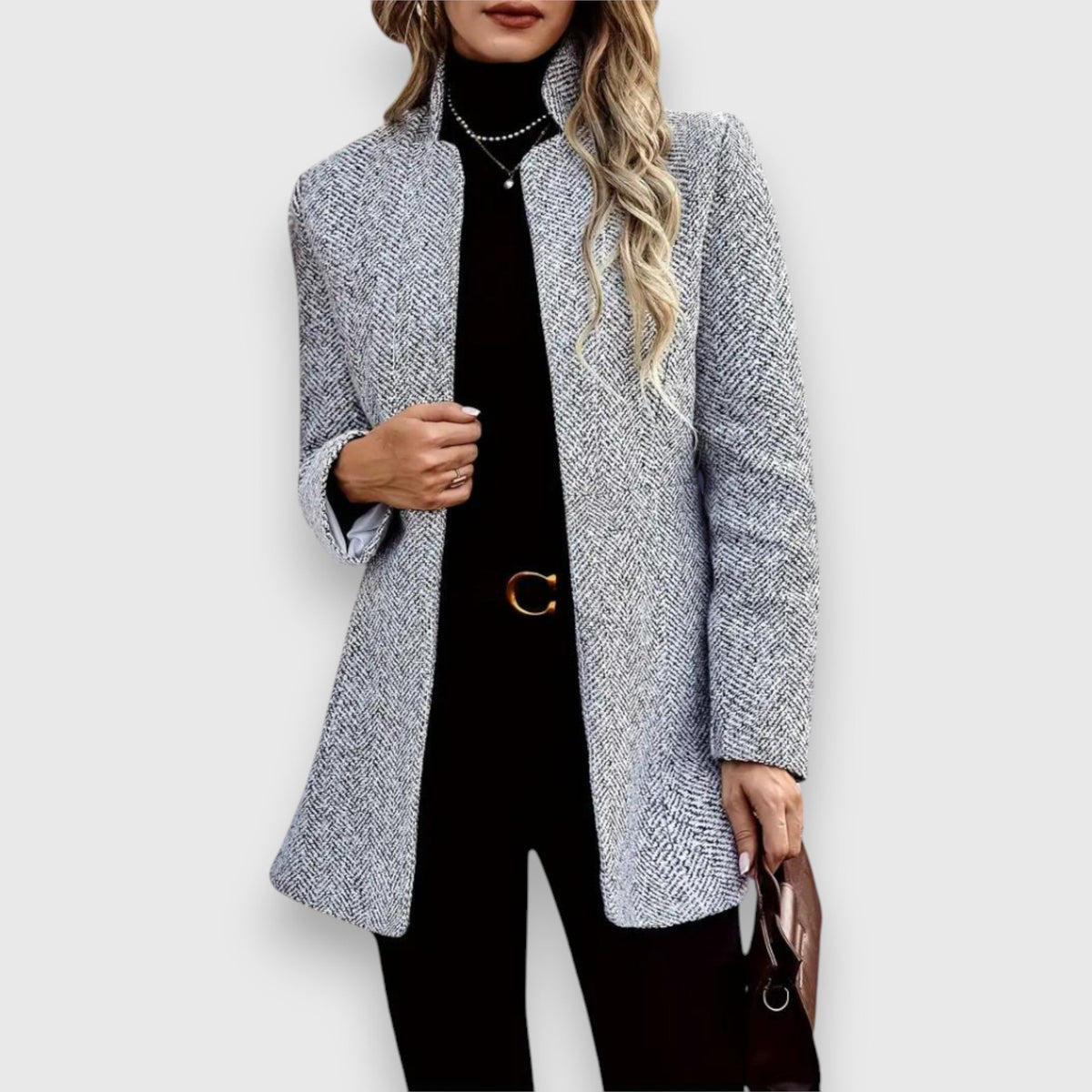 Women's longline open front blazer with stand collar
