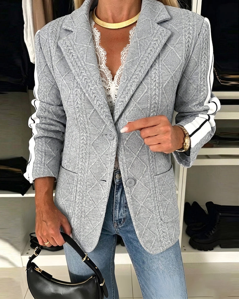 Argyle Cable-Knit Blazer with Contrast Side Stripe