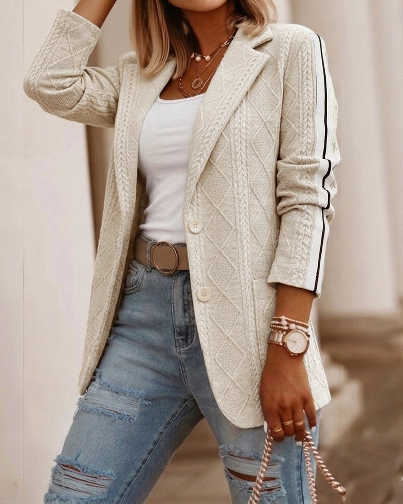 Argyle Cable-Knit Blazer with Contrast Side Stripe - Light Khaki