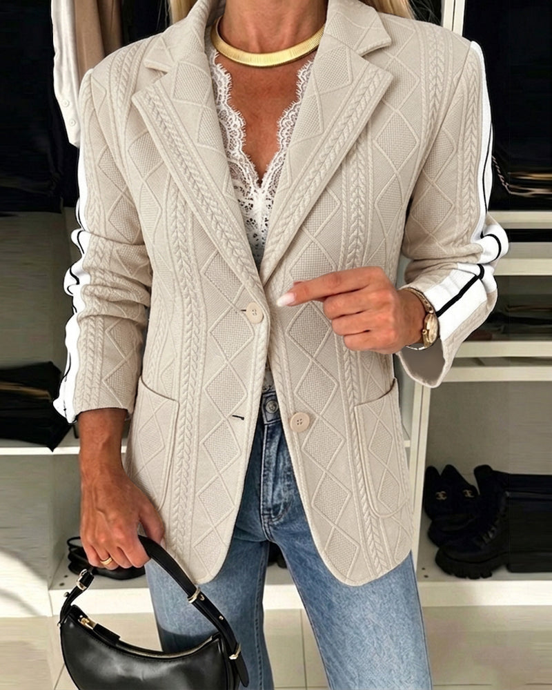 Argyle Cable-Knit Blazer with Contrast Side Stripe
