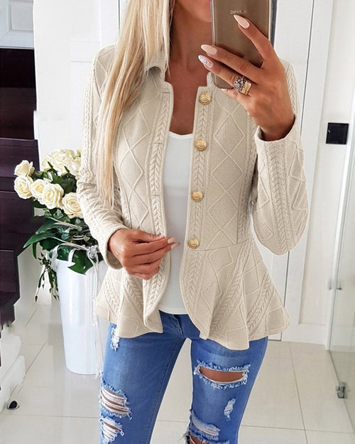 Argyle Cable-Knit Jacket with Lapel and Ruffle Hem - Khaki