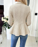 Argyle Cable-Knit Jacket with Lapel and Ruffle Hem