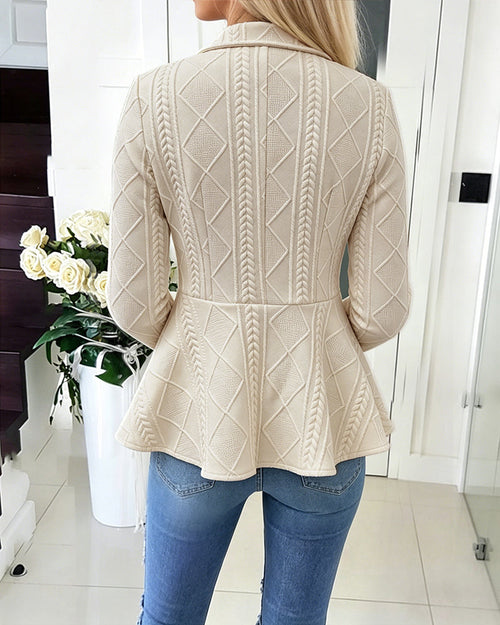 Argyle Cable-Knit Jacket with Lapel and Ruffle Hem