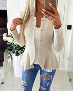 Argyle Cable-Knit Jacket with Lapel and Ruffle Hem