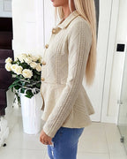 Argyle Cable-Knit Jacket with Lapel and Ruffle Hem