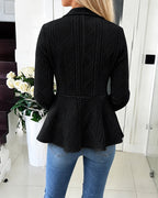 Argyle Cable-Knit Jacket with Lapel and Ruffle Hem
