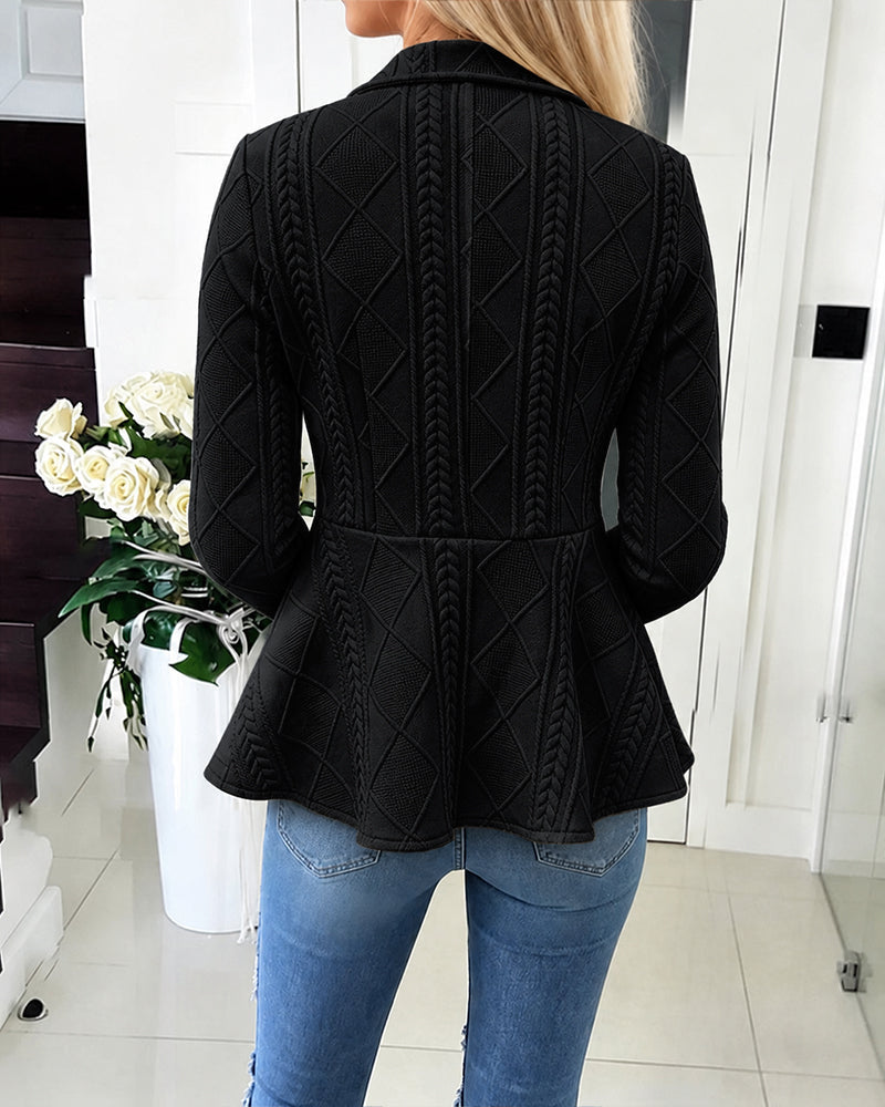 Argyle Cable-Knit Jacket with Lapel and Ruffle Hem