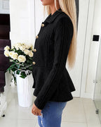 Argyle Cable-Knit Jacket with Lapel and Ruffle Hem