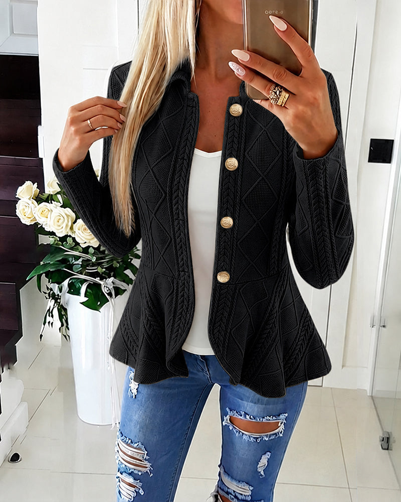 Argyle Cable-Knit Jacket with Lapel and Ruffle Hem