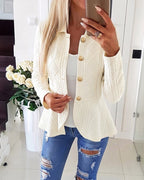 Argyle Cable-Knit Jacket with Lapel and Ruffle Hem - Beige