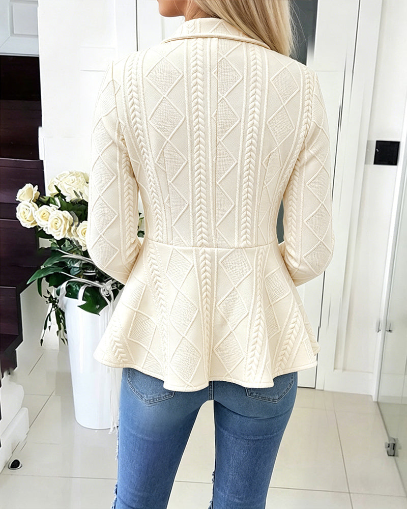 Argyle Cable-Knit Jacket with Lapel and Ruffle Hem