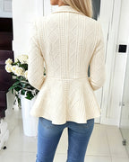 Argyle Cable-Knit Jacket with Lapel and Ruffle Hem