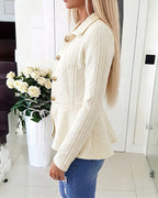 Argyle Cable-Knit Jacket with Lapel and Ruffle Hem