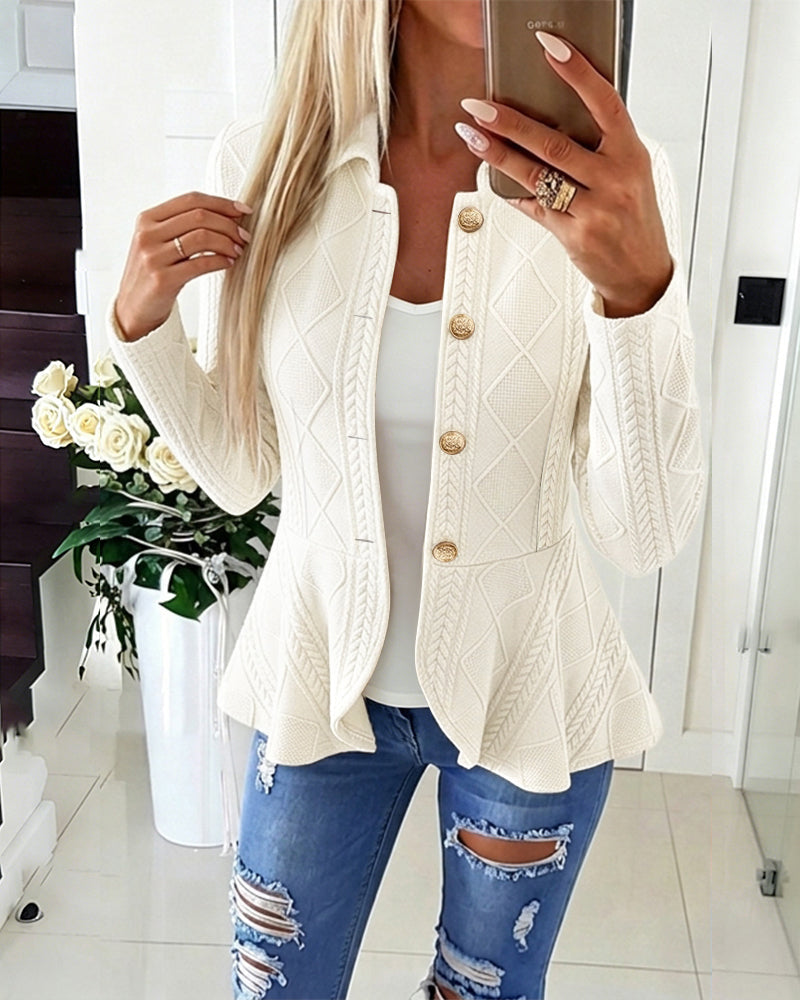 Argyle Cable-Knit Jacket with Lapel and Ruffle Hem