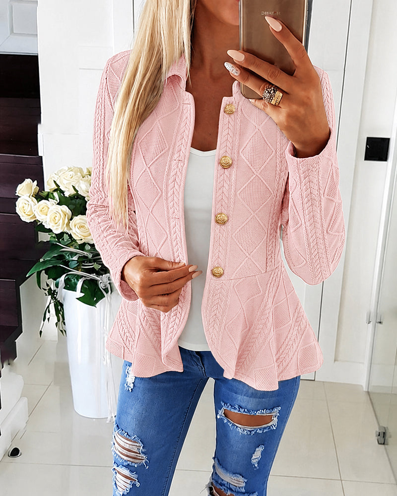 Argyle Cable-Knit Jacket with Lapel and Ruffle Hem - Pink
