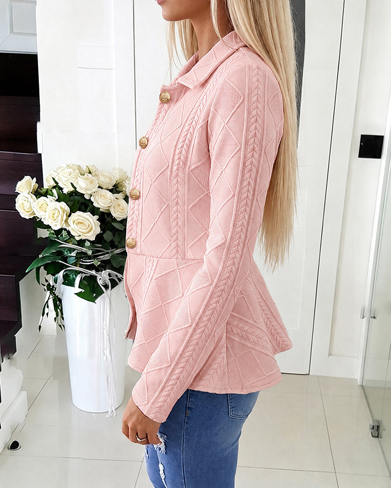 Argyle Cable-Knit Jacket with Lapel and Ruffle Hem