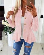 Argyle Cable-Knit Jacket with Lapel and Ruffle Hem