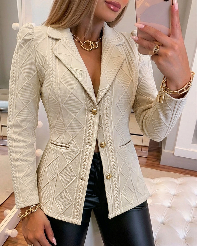 Argyle Textured Blazer with Puff Sleeve and Gold Buttons - Light Khaki