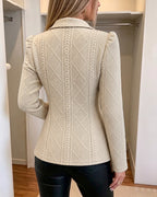 Argyle Textured Blazer with Puff Sleeve and Gold Buttons