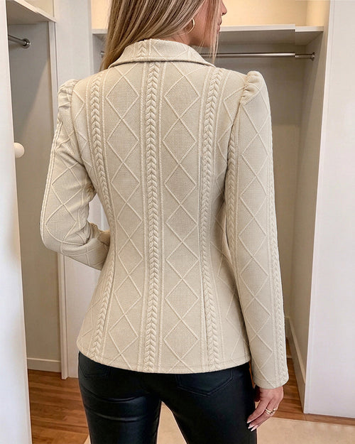 Argyle Textured Blazer with Puff Sleeve and Gold Buttons