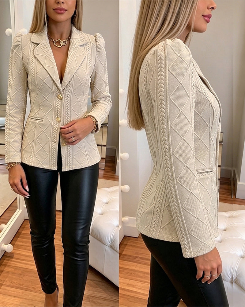 Argyle Textured Blazer with Puff Sleeve and Gold Buttons