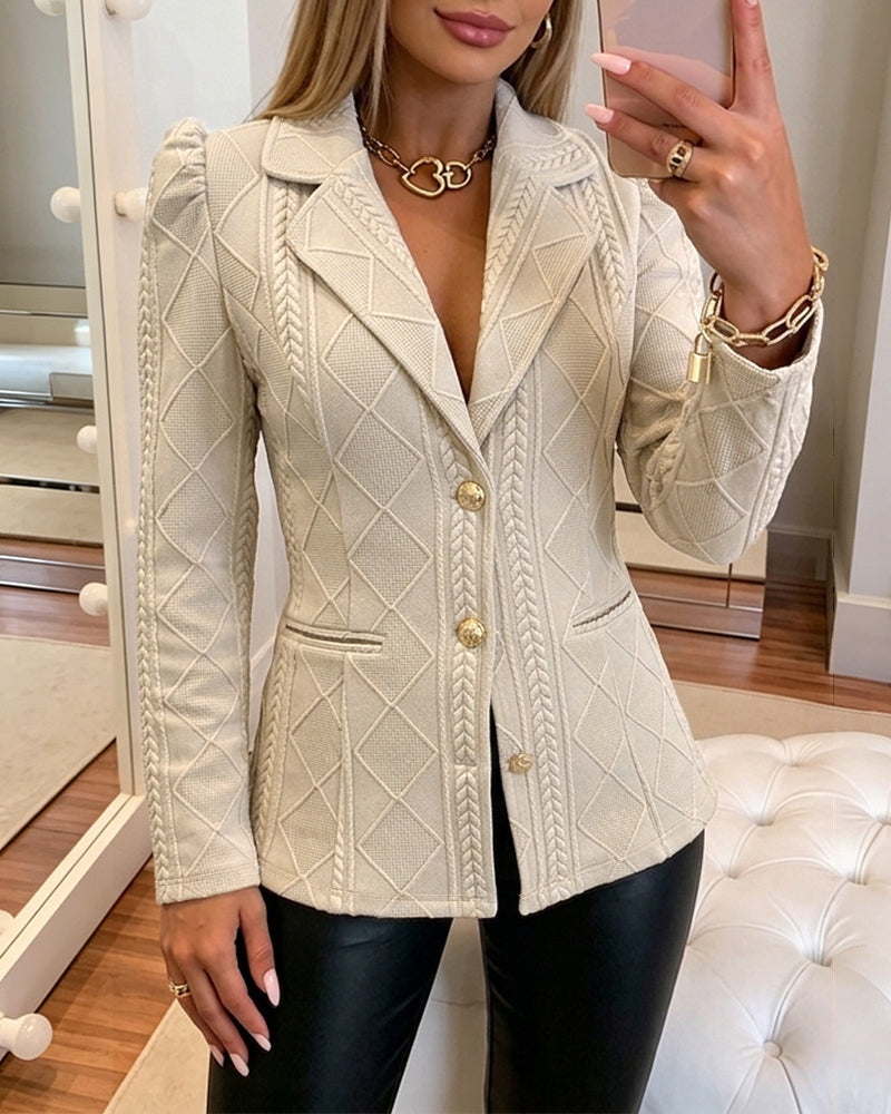 Argyle Textured Blazer with Puff Sleeve and Gold Buttons