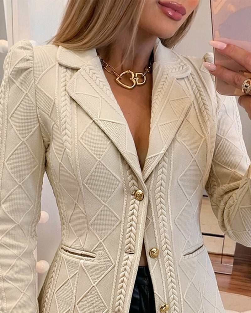 Argyle Textured Blazer with Puff Sleeve and Gold Buttons