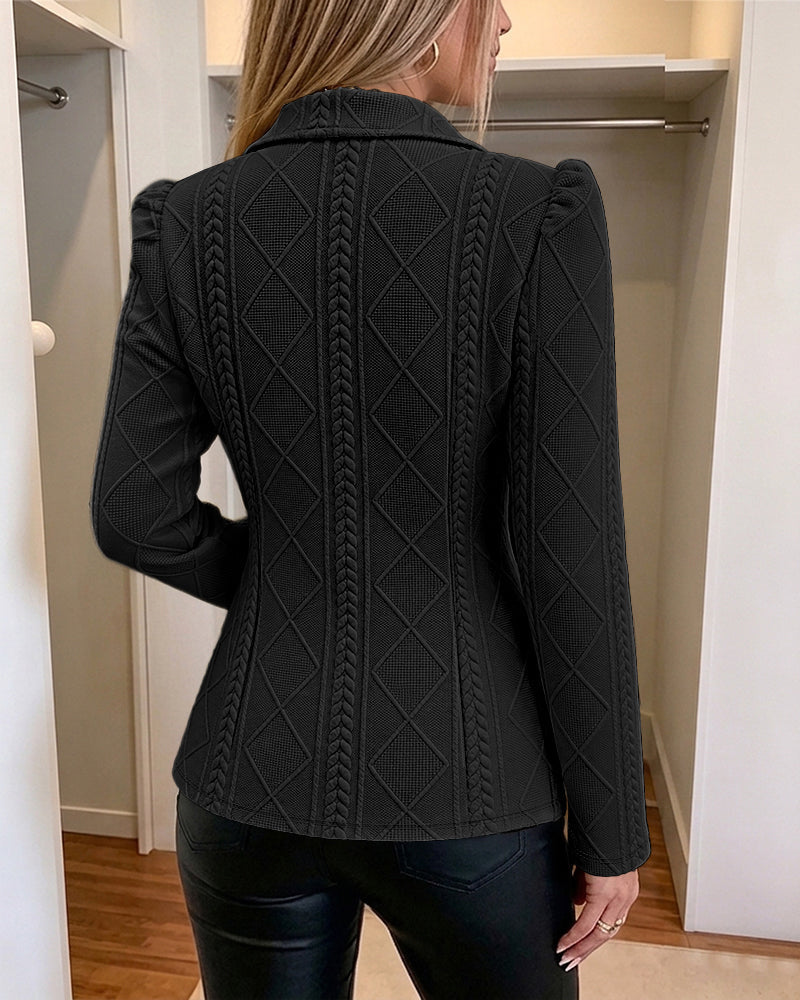 Argyle Textured Blazer with Puff Sleeve and Gold Buttons