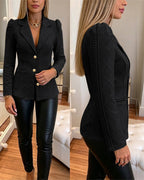 Argyle Textured Blazer with Puff Sleeve and Gold Buttons