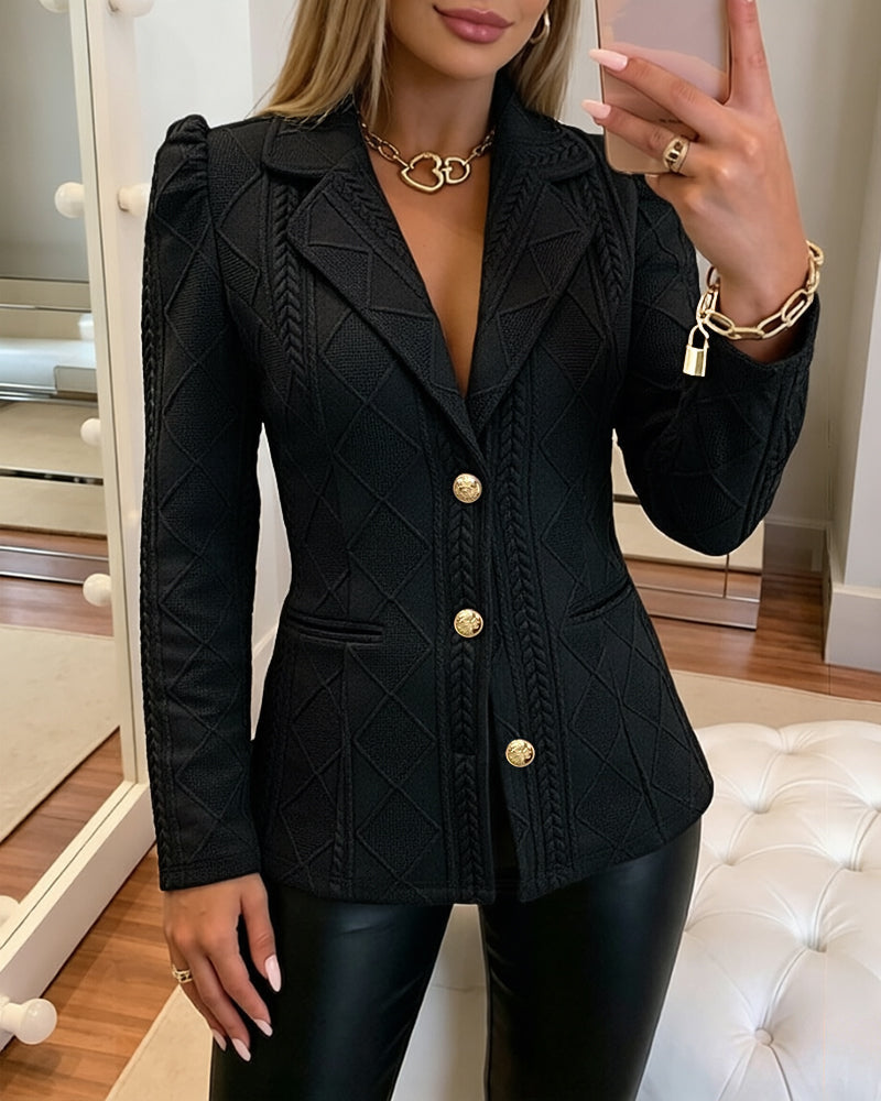 Argyle Textured Blazer with Puff Sleeve and Gold Buttons