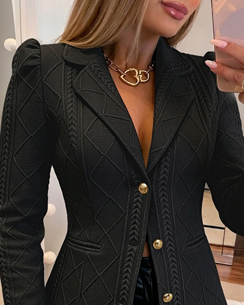 Argyle Textured Blazer with Puff Sleeve and Gold Buttons