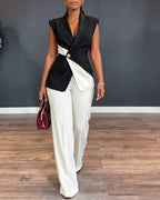 Asymmetric Vest and Straight-Leg Trouser Suit Set - Black