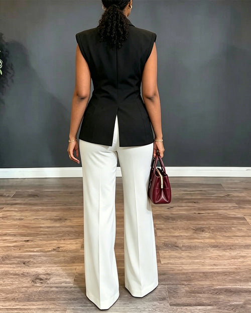 Asymmetric Vest and Straight-Leg Trouser Suit Set - Black