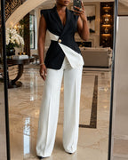 Asymmetric Vest and Straight-Leg Trouser Suit Set - Black