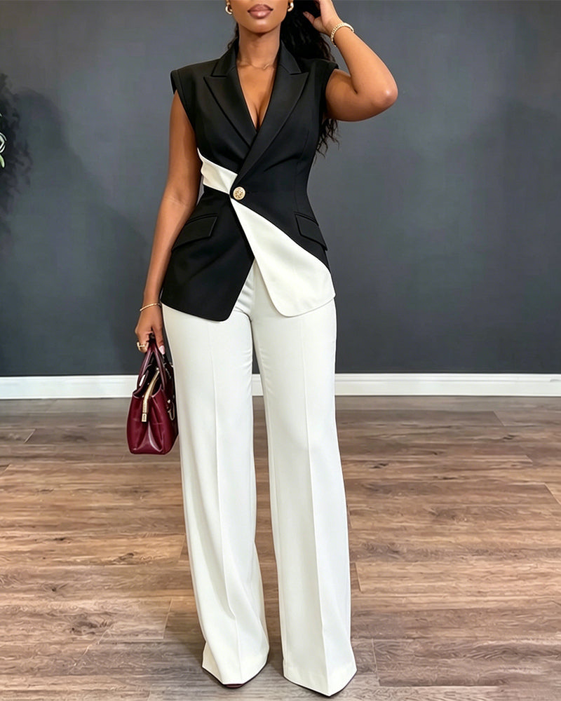 Asymmetric Vest and Straight-Leg Trouser Suit Set - Black