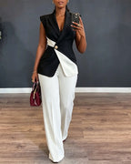 Asymmetric Vest and Straight-Leg Trouser Suit Set - Black
