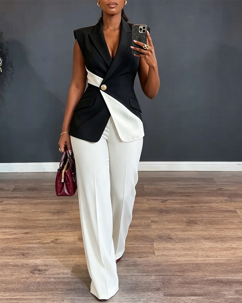 Asymmetric Vest and Straight-Leg Trouser Suit Set - Black