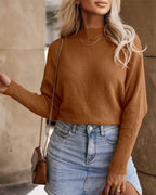 Batwing Sleeve Rib-Knit Crop Pullover with Boat Neck - Khaki