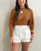 Batwing Sleeve Rib-Knit Crop Pullover with Boat Neck - Khaki