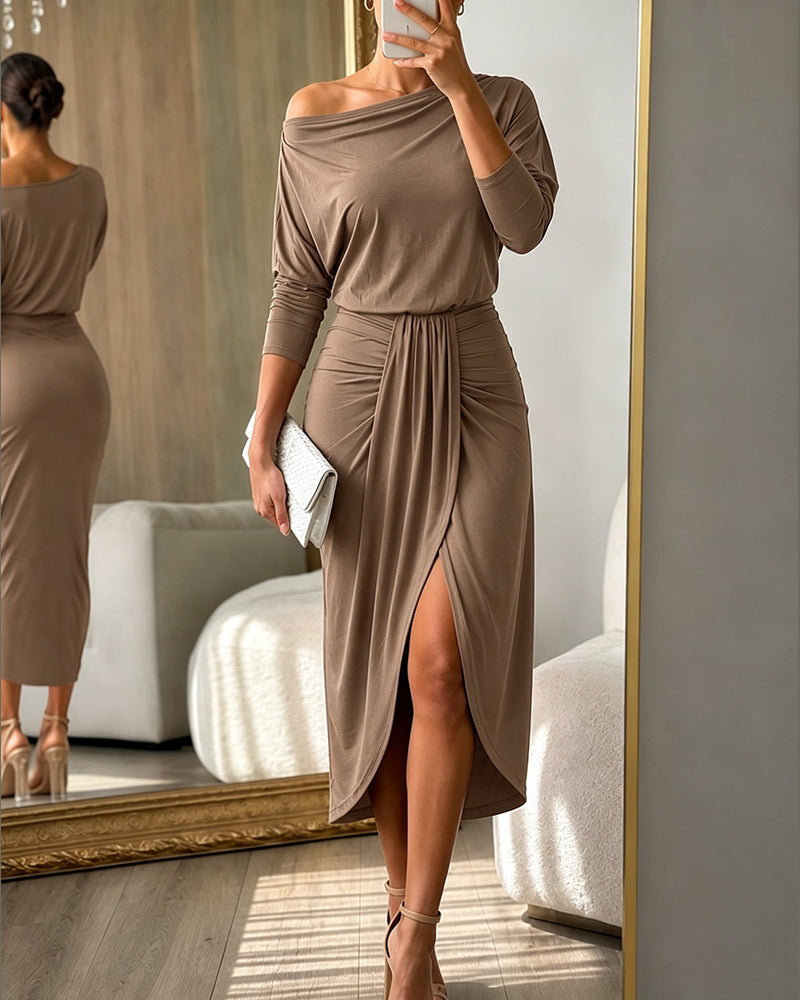 Boat-Neck Wrap Midi Dress with Ruched Waist and Slit - Brown