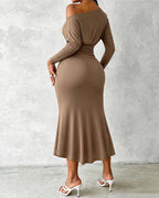 Boat-Neck Wrap Midi Dress with Ruched Waist and Slit - Brown
