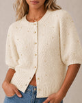 Boucle Knit Cardigan with Beaded Puff Sleeves - Apricot