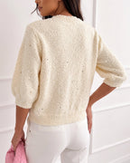 Boucle Knit Cardigan with Beaded Puff Sleeves - Apricot