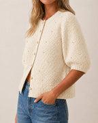 Boucle Knit Cardigan with Beaded Puff Sleeves - Apricot