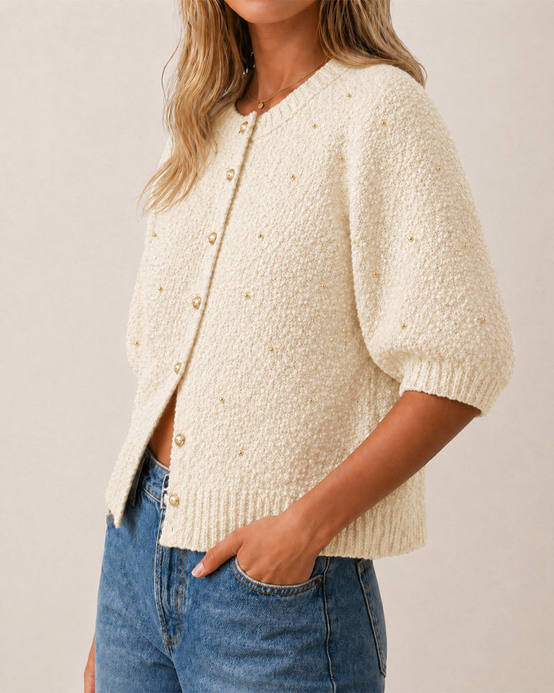 Boucle Knit Cardigan with Beaded Puff Sleeves - Apricot