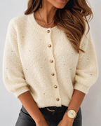 Boucle Knit Cardigan with Beaded Puff Sleeves - Apricot
