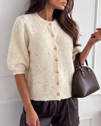 Boucle Knit Cardigan with Beaded Puff Sleeves - Apricot