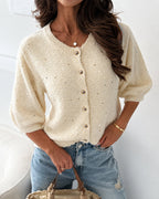 Boucle Knit Cardigan with Beaded Puff Sleeves - Apricot